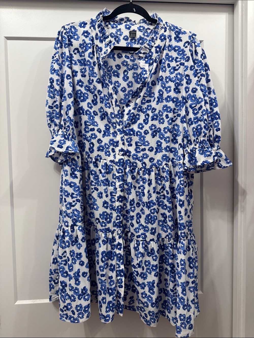 SHEIN White and Blue Floral Tiered Babydoll Dress